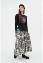 【typeservice】 Voluminous Check Tier Skirt [Black / Red]