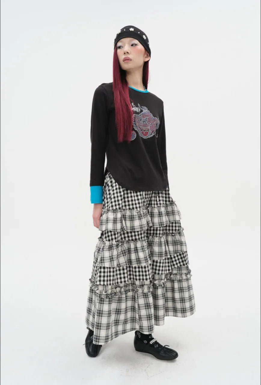 【typeservice】 Voluminous Check Tier Skirt [Black / Red]