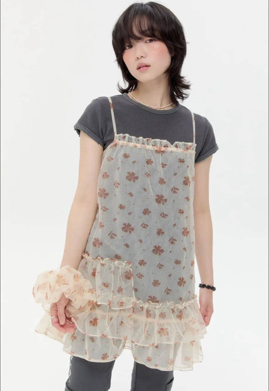 【typeservice】Mesh Ruffled Layered Dress [Yellow / Blue]