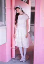 【typeservice】Flower Applique Curve Short Sleeve Top [Pink]