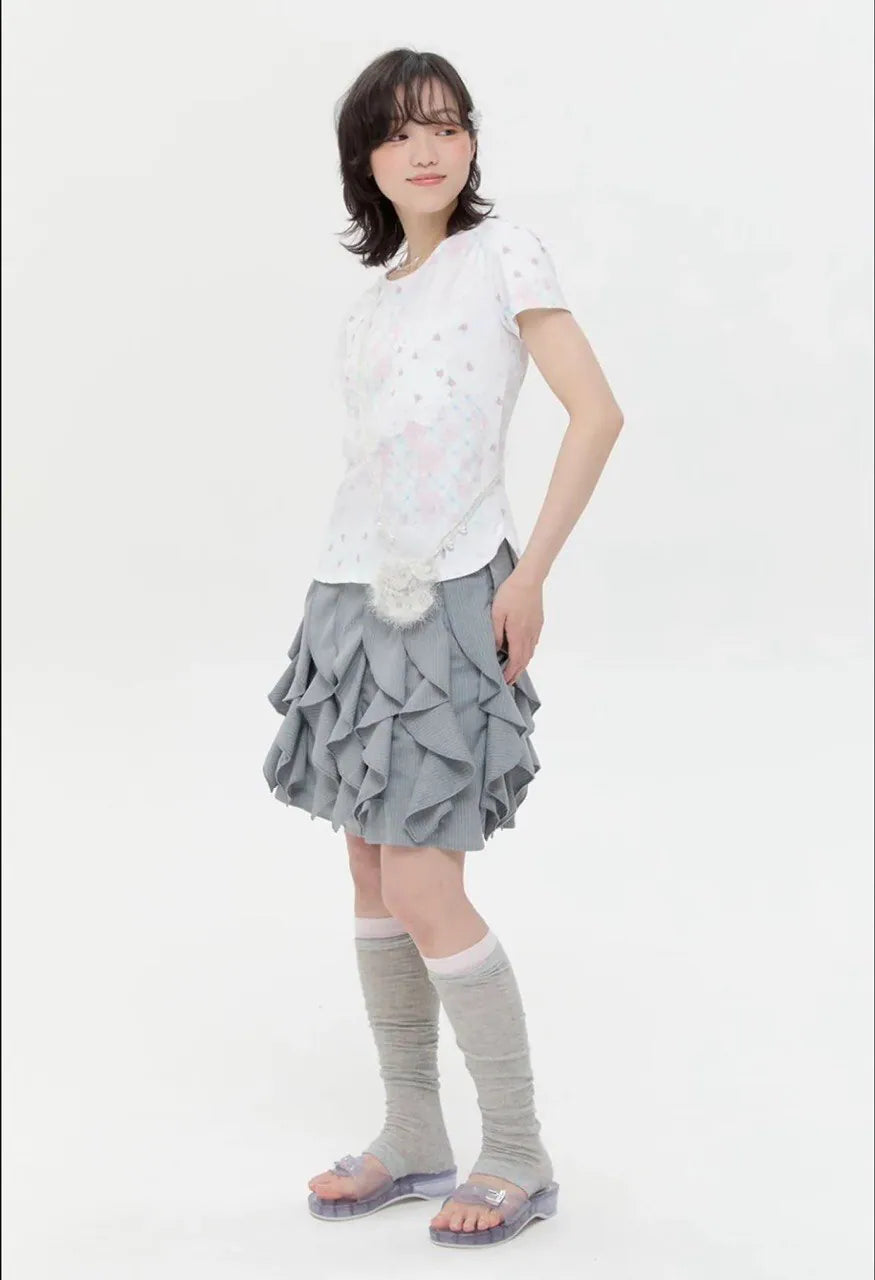 【typeservice】Flower Applique Curve Short Sleeve Top [Pink]