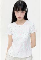 【typeservice】Flower Applique Curve Short Sleeve Top [Pink]
