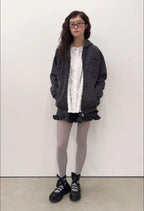 【typeservice】Flower Appliqué Zip Hoodie [Black / Charcoal]
