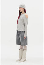 【typeservice】Flower Button Cut Out Top [Gray / Green]