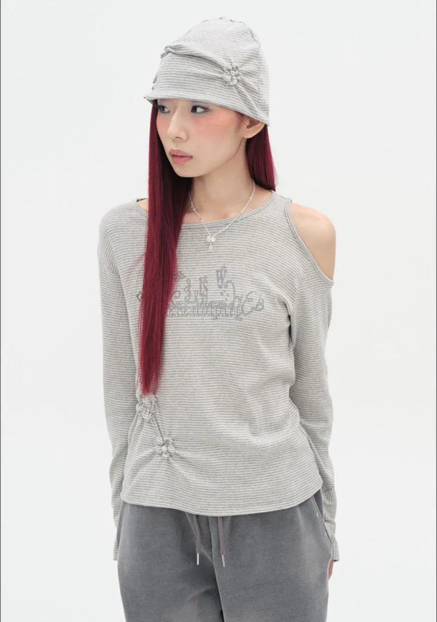 【typeservice】Flower Button Cut Out Top [Gray / Green]