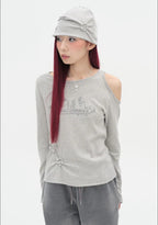 【typeservice】Flower Button Cut Out Top [Gray / Green]