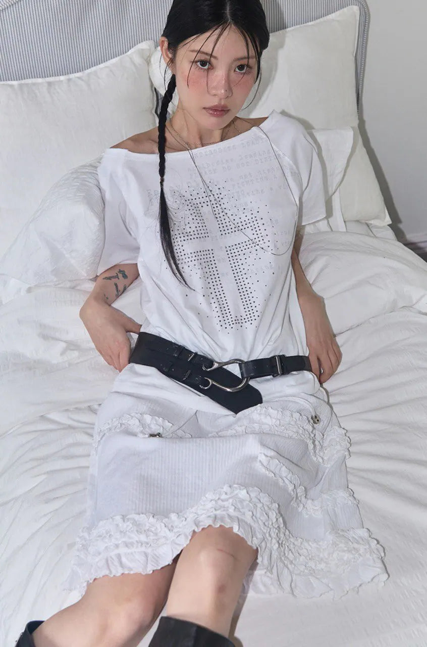 【Fancy Club】SHUSHU FRILL BLACK MIDI SKIRT [Black / White]