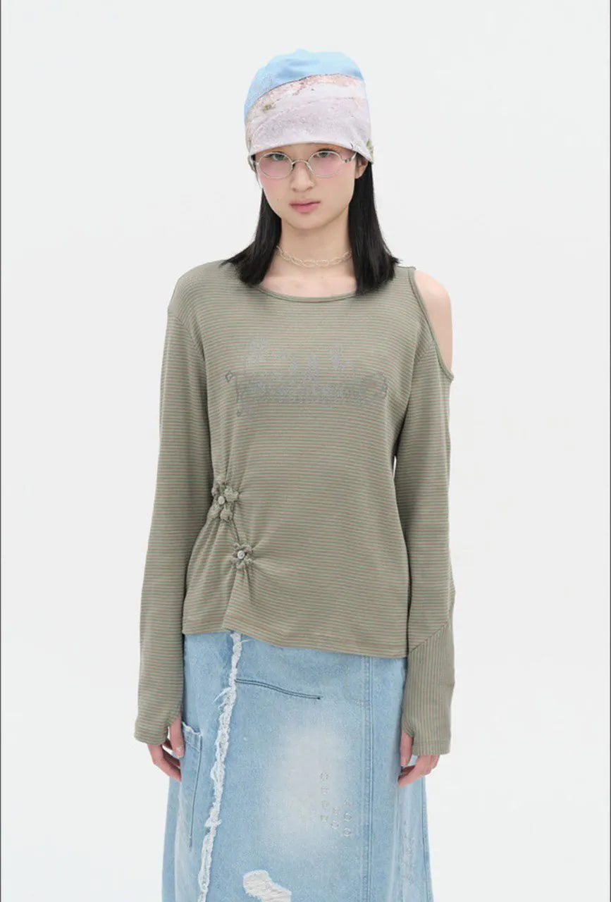 【typeservice】Flower Button Cut Out Top [Gray / Green]