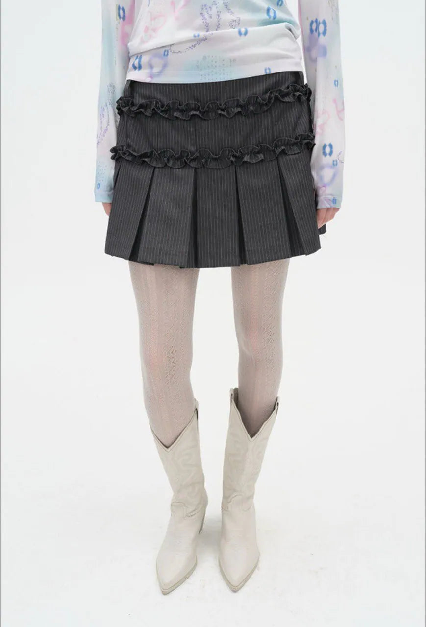 【typeservice】 Ruffled Stripe Skirt [Charcoal]