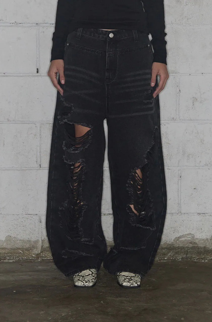 【Fancy Club】 WASHED DAMAGE DENIM PANTS [Black / Gray]