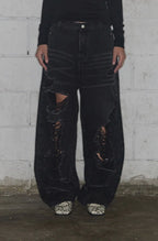 【Fancy Club】 WASHED DAMAGE DENIM PANTS [Black / Gray]