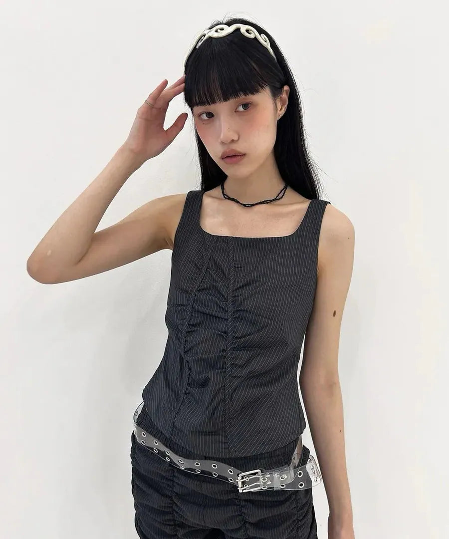 【typeservice】Striped Ruched Zip Tank [Charcoal]