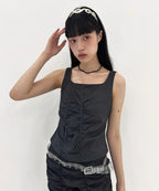 【typeservice】Striped Ruched Zip Tank [Charcoal]