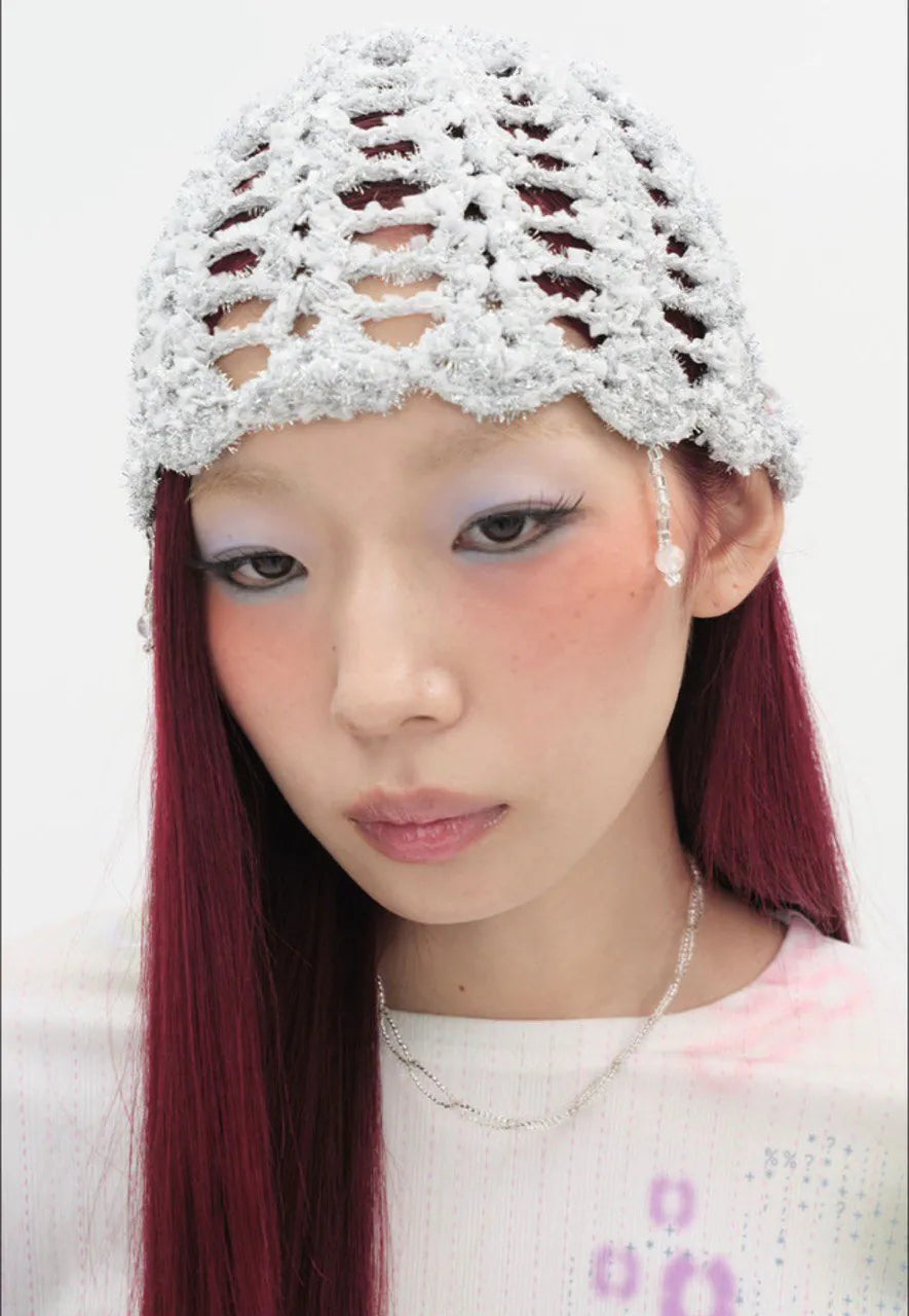 【typeservice】Shimmery Beaded Strap Beanie [Silver]