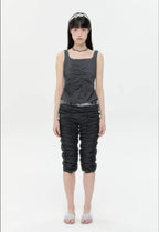 【typeservice】Striped Ruched Zip Tank [Charcoal]
