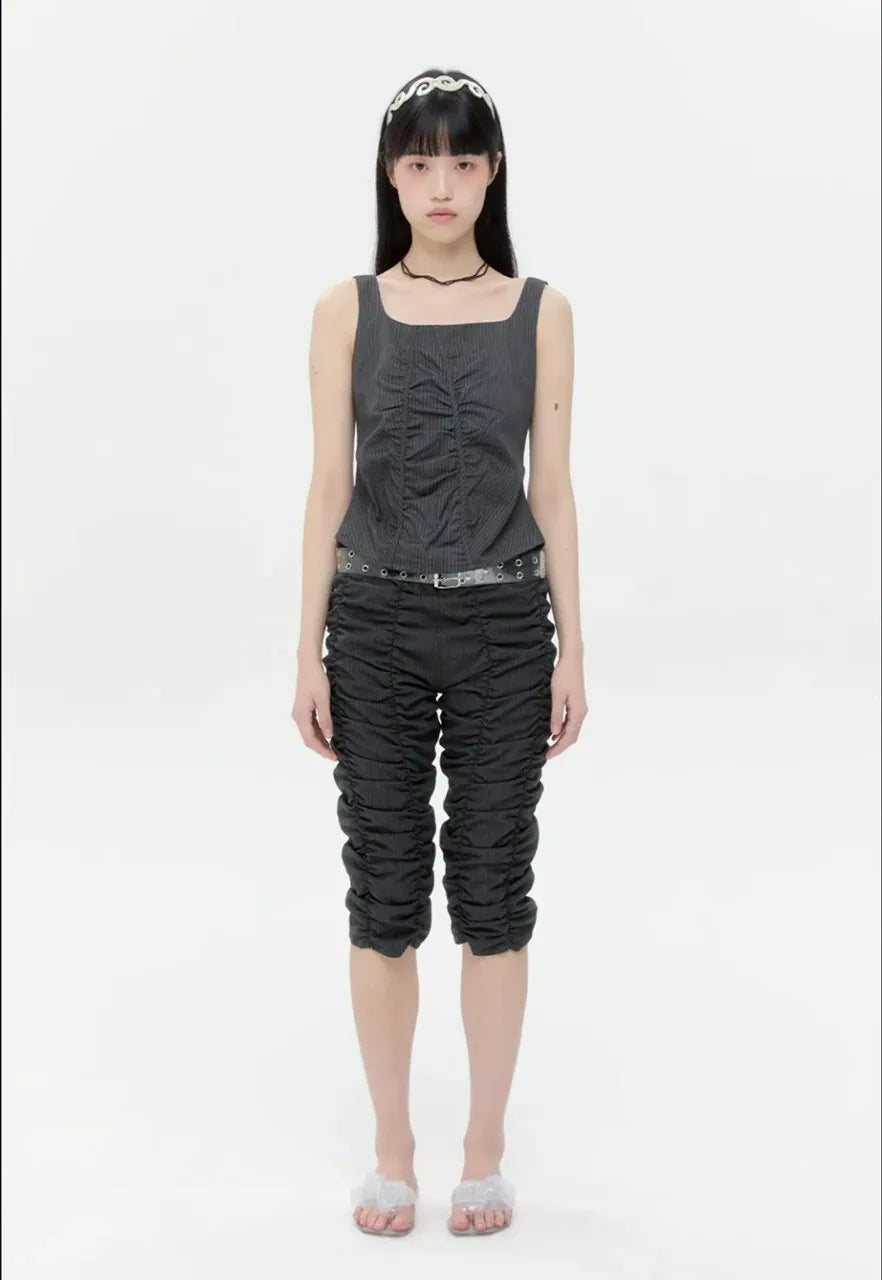 【typeservice】Striped Ruched Zip Tank [Charcoal]