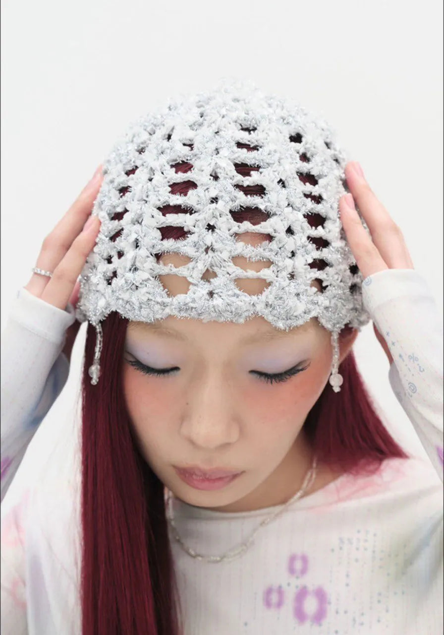 【typeservice】Shimmery Beaded Strap Beanie [Silver]