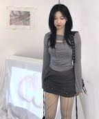 【Flare up】Asymmetrical Draped Long Sleeve [Grey]