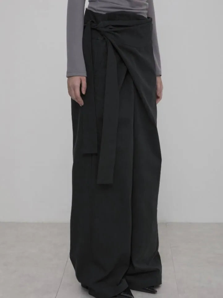 【Flare up】Layered Wrap Trousers [Black / Charcoal]