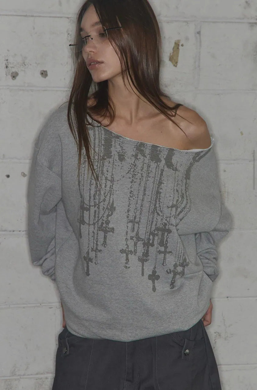 【Fancy Club】NECKLISS ONE-SHOULDER SWEATSHIRT [Gray / Black]