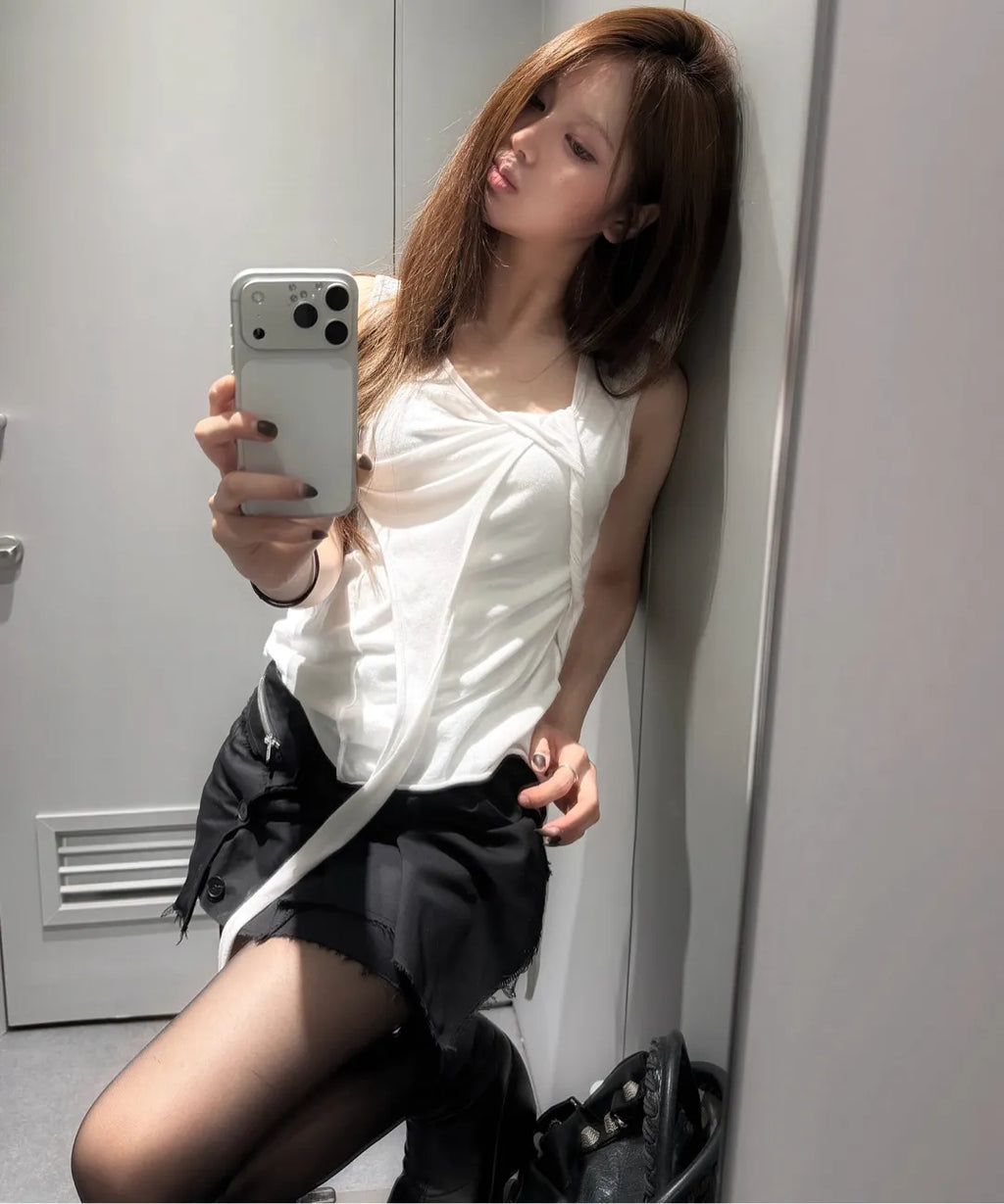 【Flare up】3-Layered Braided Sleeveless [Black / White / Gray]