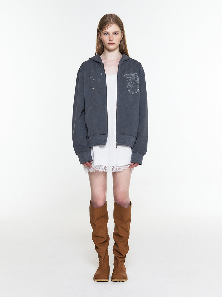 【3hreeto8ighty】EYELET POCKET HOODIE ZIP-UP - 2 colors