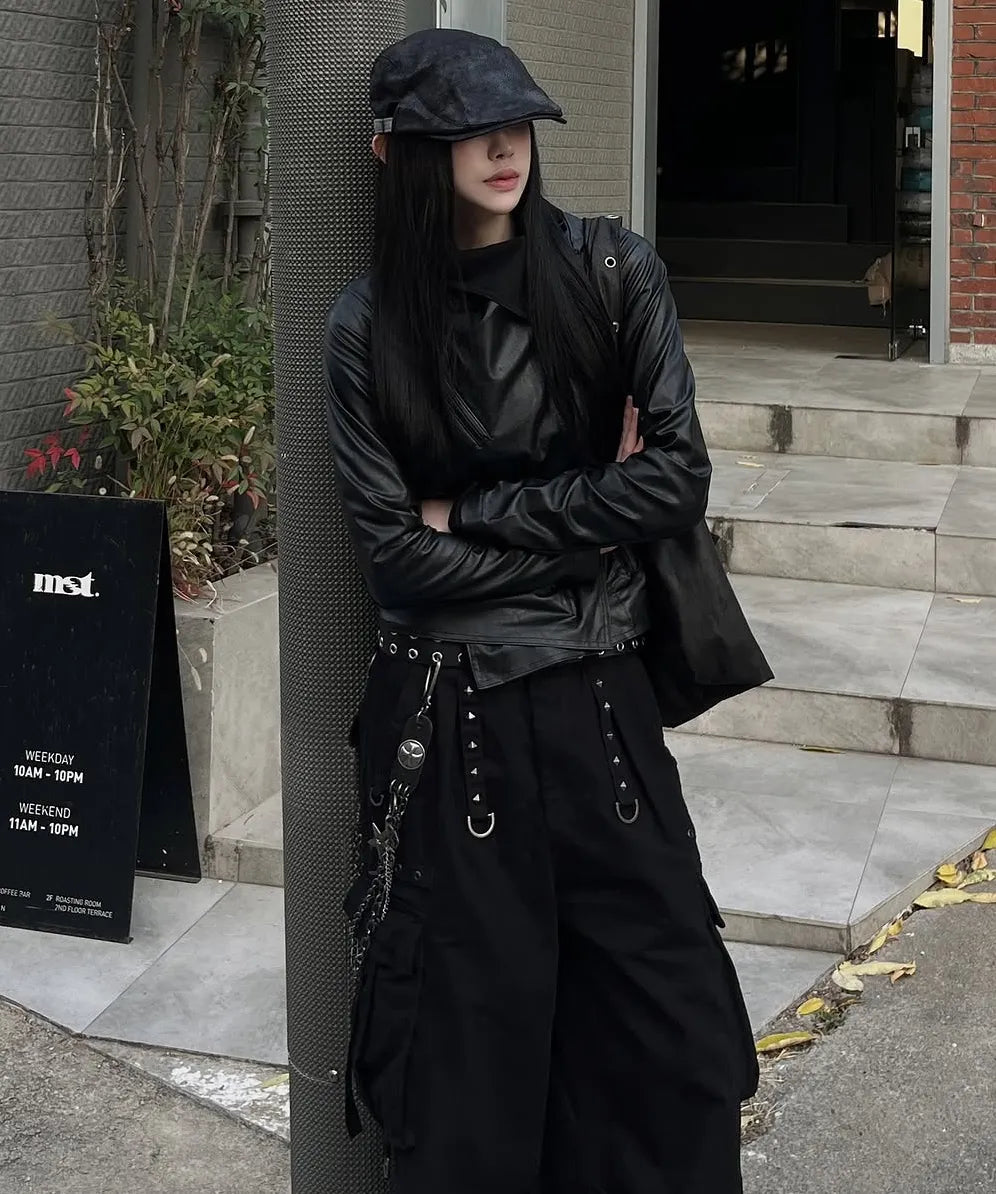 【Flare up】Asymmetrical Biker Leather Jacket [Leather / Black]