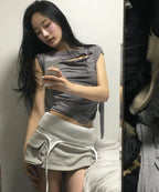 【Flare up】Asymmetrical Draped Strap Roll-Up T-Shirt [4 colors]