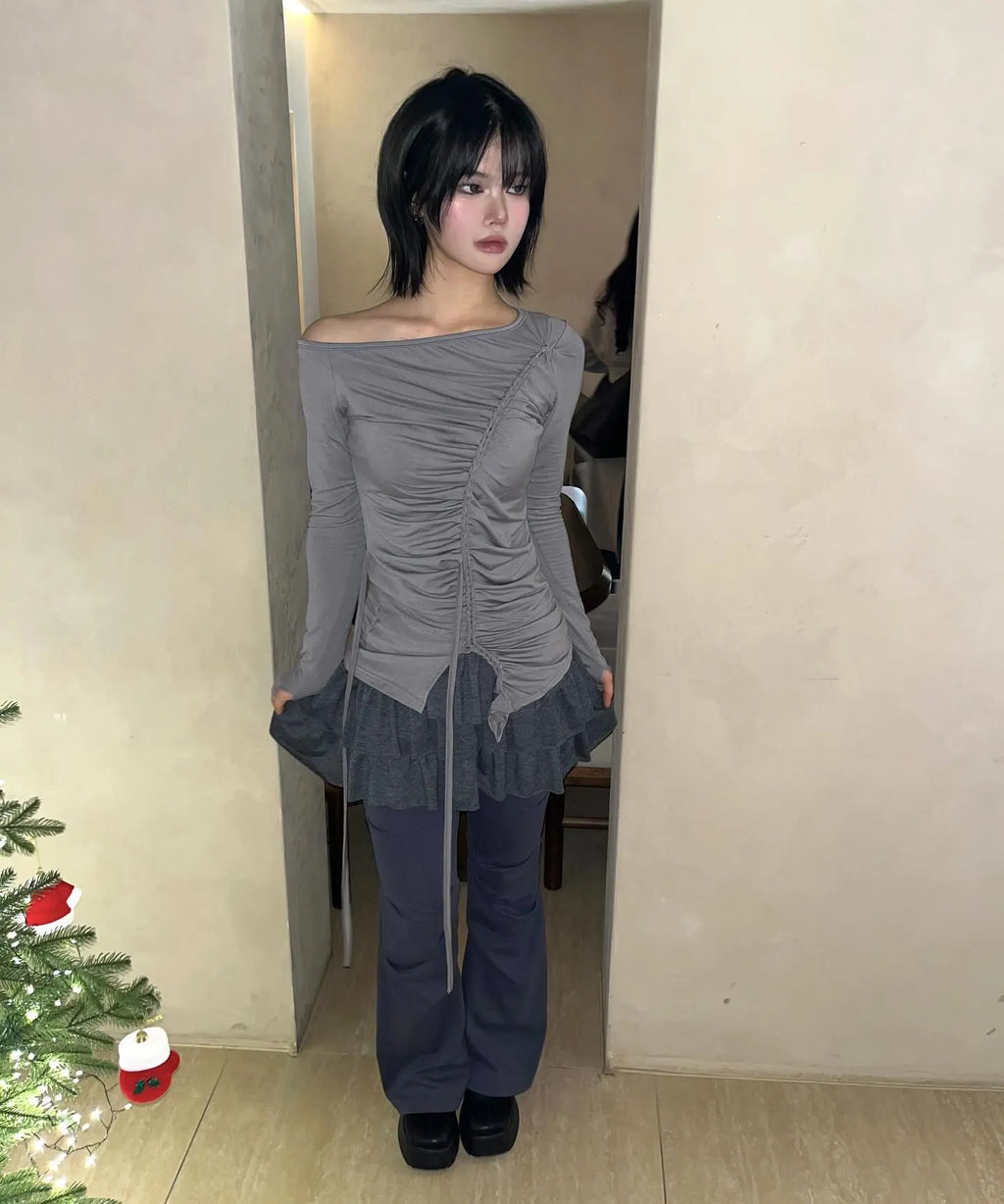 【Flare up】Handmade Twisted One-Shoulder Long Sleeve [Black / White / Gray]