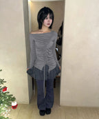 【Flare up】Handmade Twisted One-Shoulder Long Sleeve [Black / White / Gray]