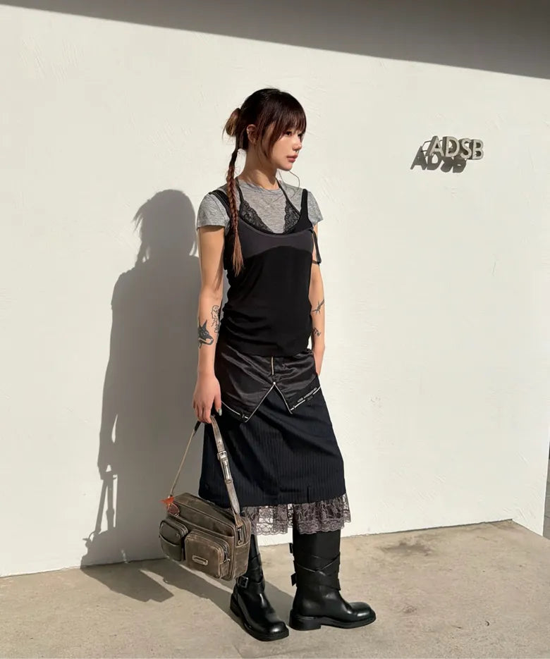 【ADSB】UPSIDE-DOWN LAYERED T-SHIRT [ PINK/BROWN / GREY/BLACK ]