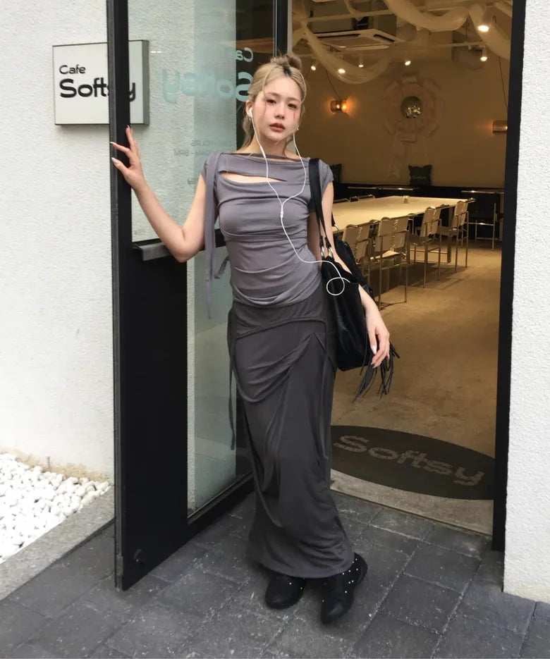 【Flare up】Asymmetrical Draped Long Skirt - 3 colors