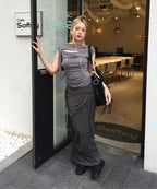 【Flare up】Asymmetrical Draped Long Skirt - 3 colors