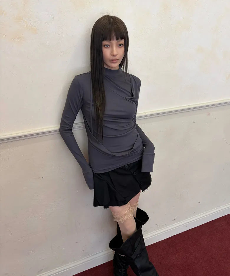 【Flare up】Draped Mock Neck Long Sleeve - 4 colors