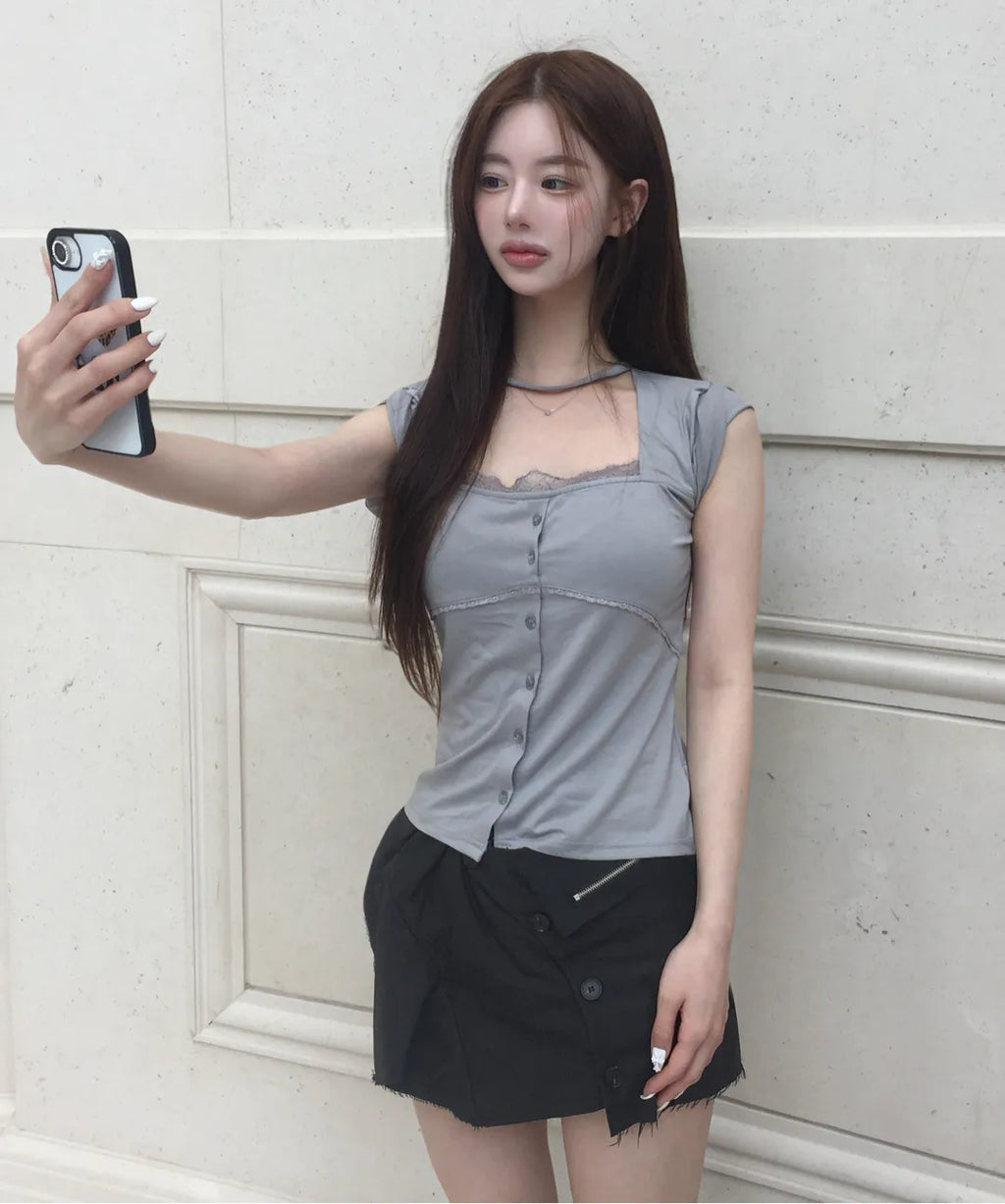 【Flare up】Lace Sleeve Top [Black / White / Gray]