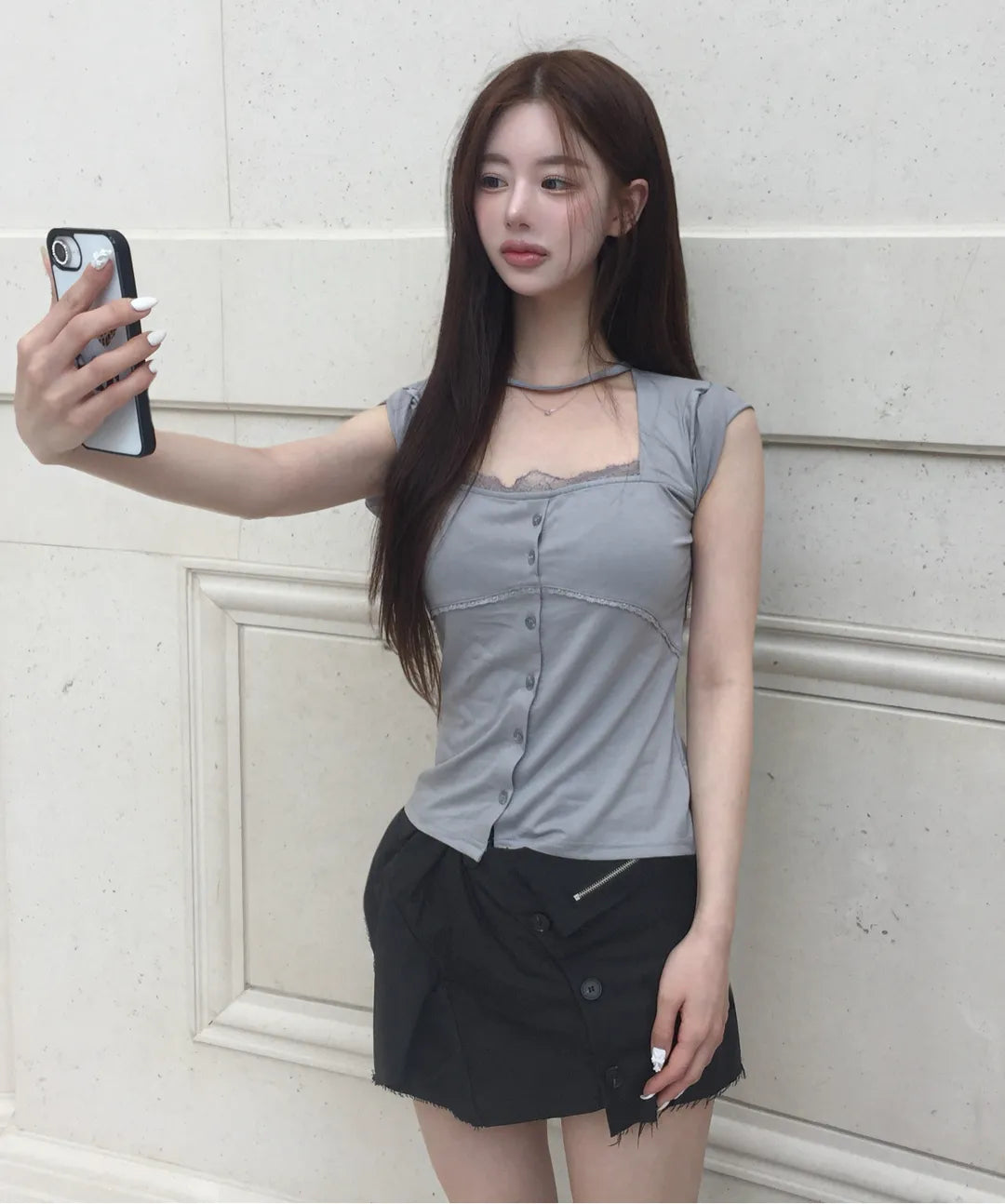 【Flare up】Lace Sleeve Top [Black / White / Gray]