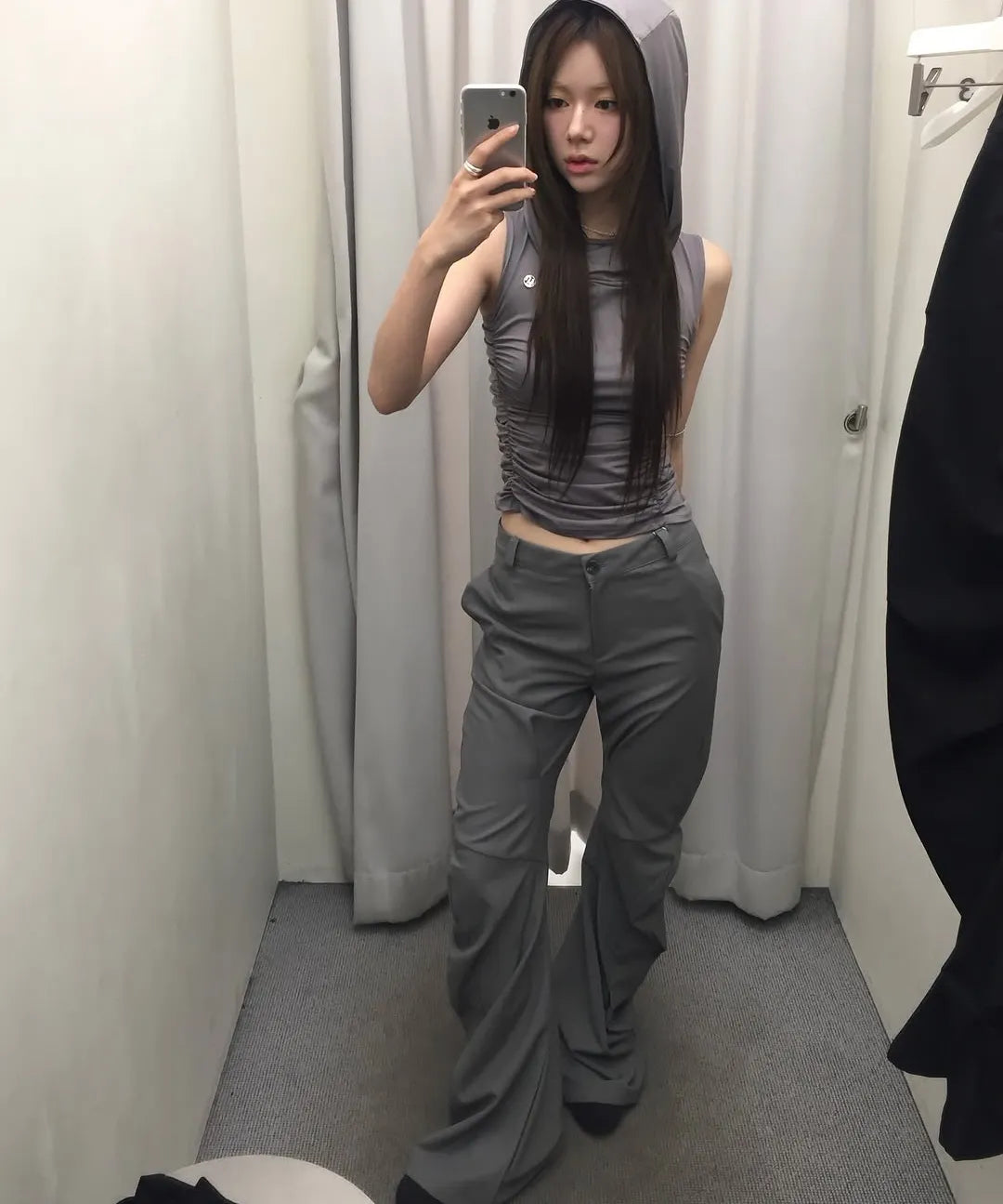 【Flare up】Hooded High Neck Sleeveless [Gray / Black]