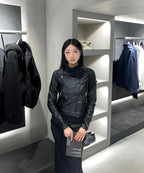 【Flare up】Asymmetrical Biker Leather Jacket [Leather / Black]