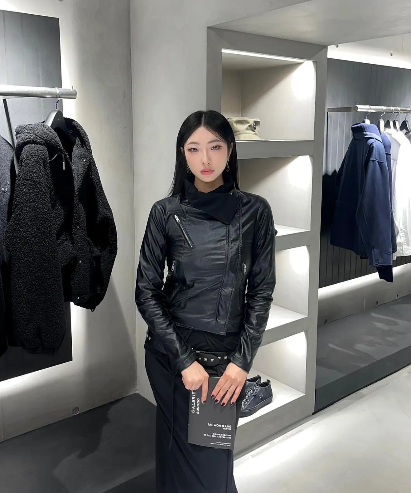 【Flare up】Asymmetrical Biker Leather Jacket [Leather / Black]