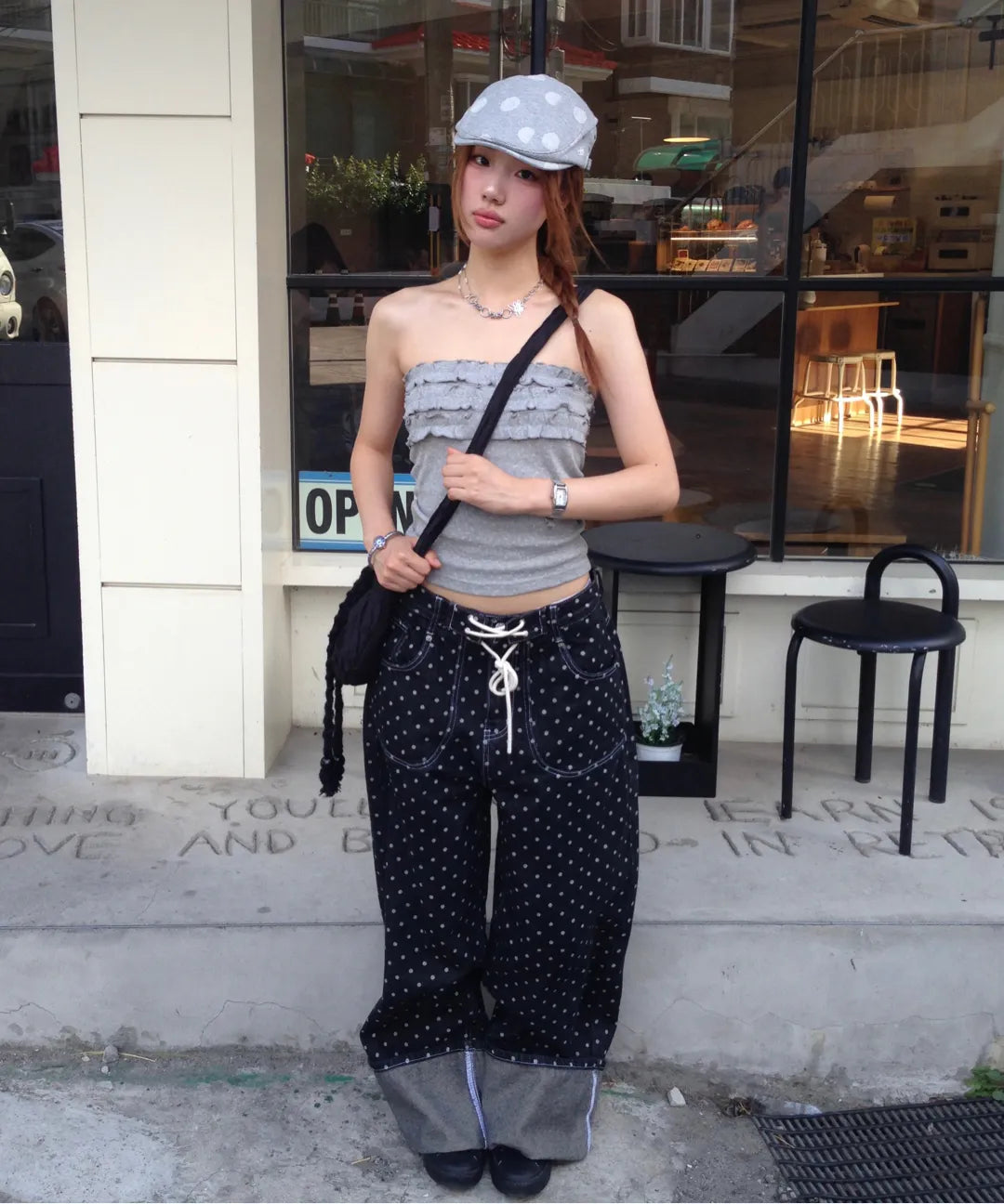【Fancy Club】STRING DOT ROLL-UP PANTS [Black / Blue]