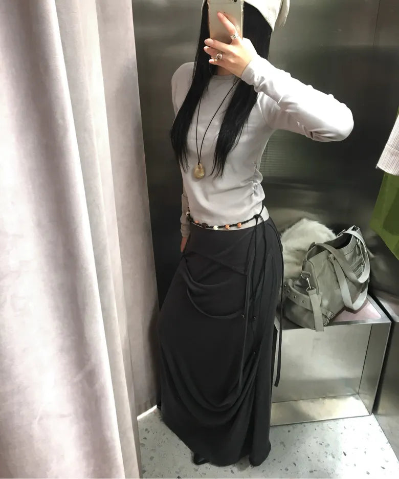 【Flare up】Asymmetrical Draped Long Skirt - 3 colors