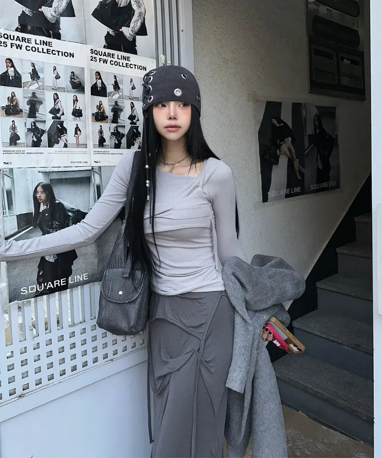 【Flare up】Asymmetrical Draped Long Skirt - 3 colors