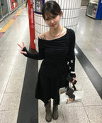 【Flare up】Handmade Twisted One-Shoulder Long Sleeve [Black / White / Gray]