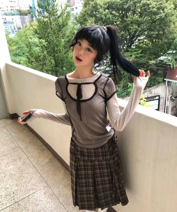 【Fancy Club】3-WAY DOT LAYERED LONG SLEEVE [Beige / Gray]