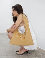 【Polysooem】EYELET SUEDE SHOULDER BAG [ YELLOW BROWN / PINK ]