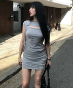 【Flare up】Asymmetrical Draped Strap Roll-Up Dress [Black / White / Gray]