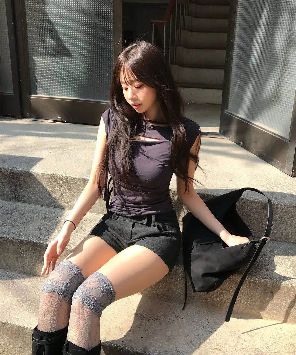 【Flare up】Asymmetrical Draped Strap Roll-Up T-Shirt [4 colors]