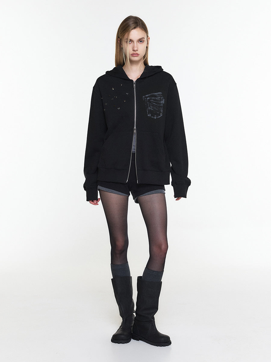 【3hreeto8ighty】EYELET POCKET HOODIE ZIP-UP - 2 colors