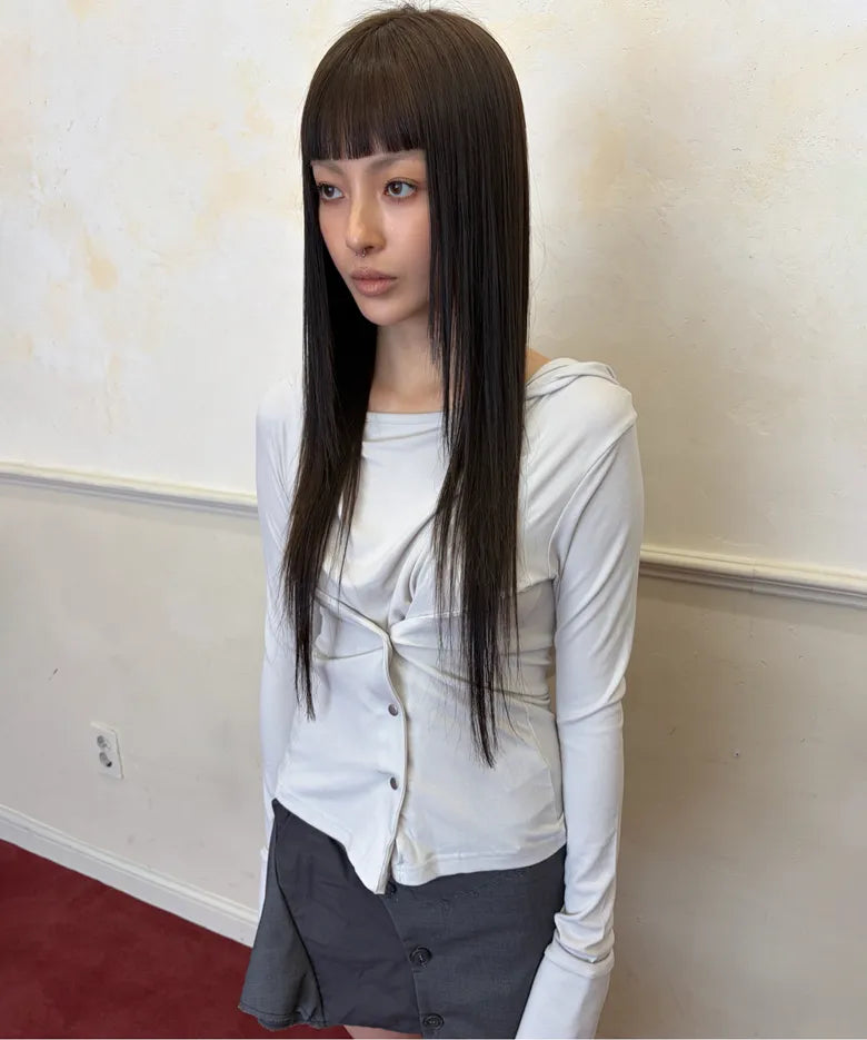 【Flare up】Asymmetrical Snap Long Sleeve Hoodie - 2 colors
