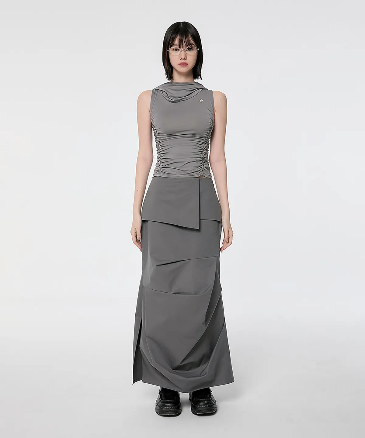 【Flare up】Hooded High Neck Sleeveless [Gray / Black]